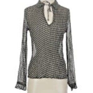 Paige Long-sleeve silk blouse, keyhole, houndstooth print, Size Small